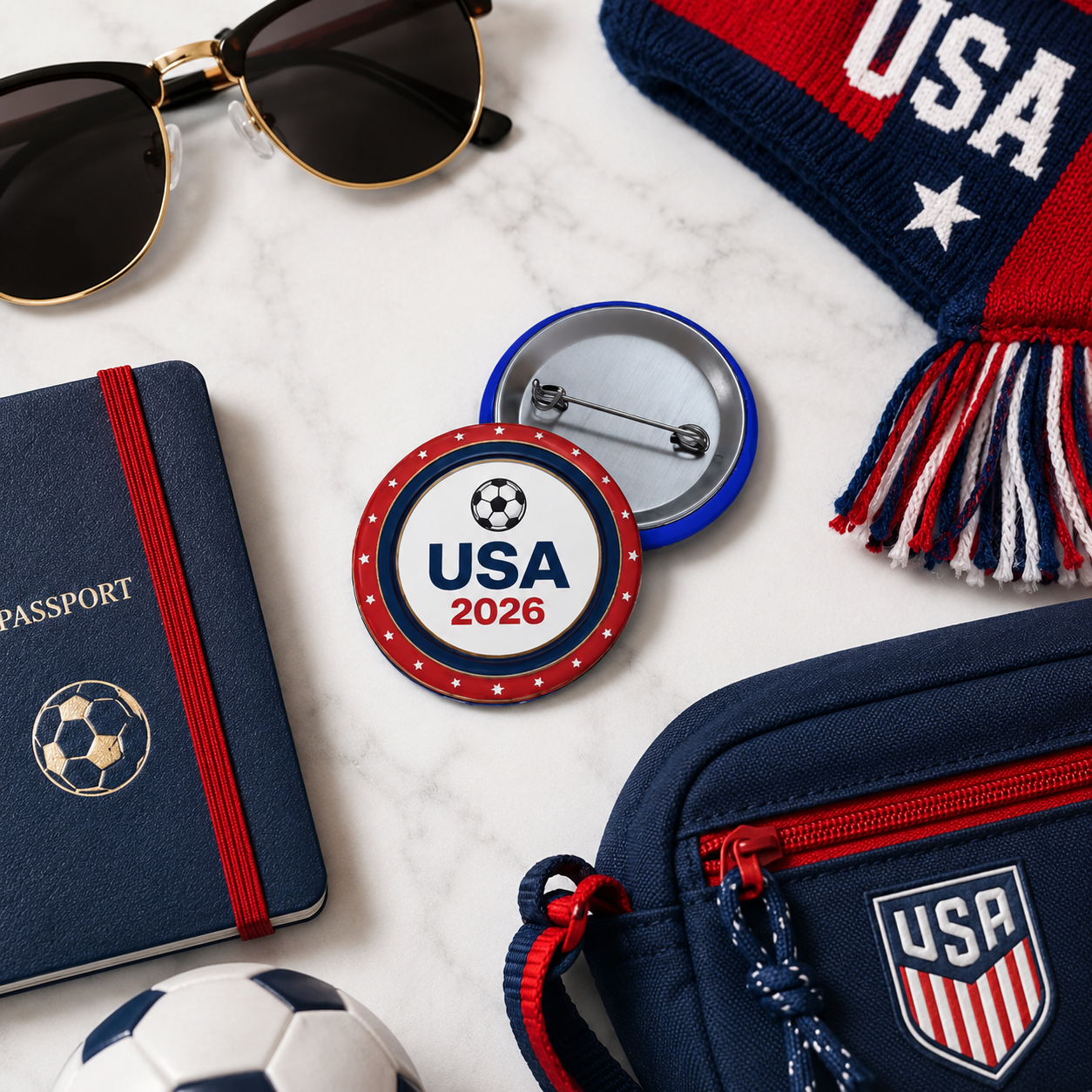 USA 2026 Soccer Pin Button — Red, White & Blue Supporter Badge